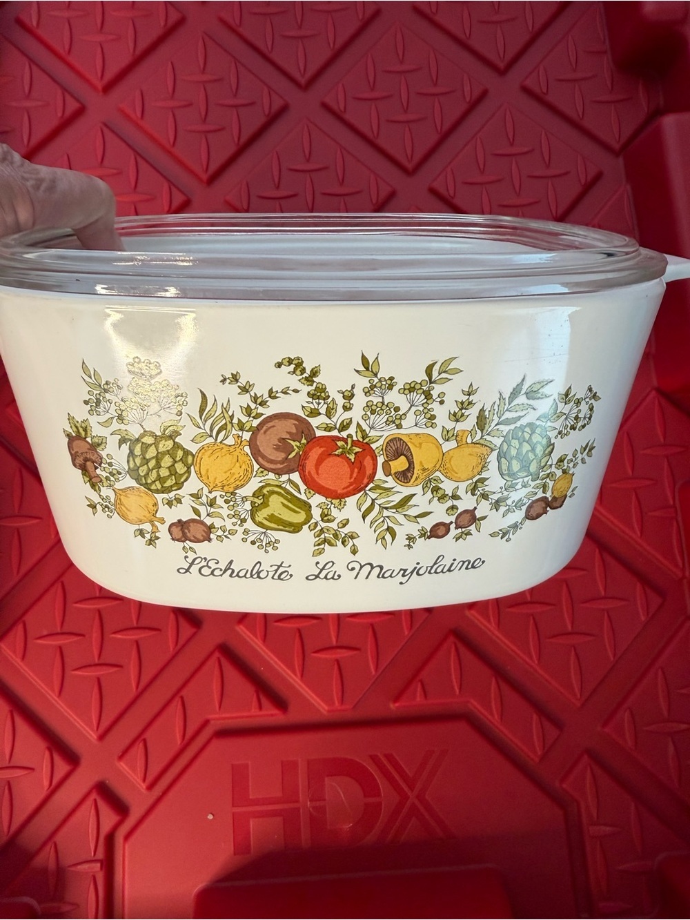 Vintage French Ceramic Bakeware with Colorful Vegetable Illustration
